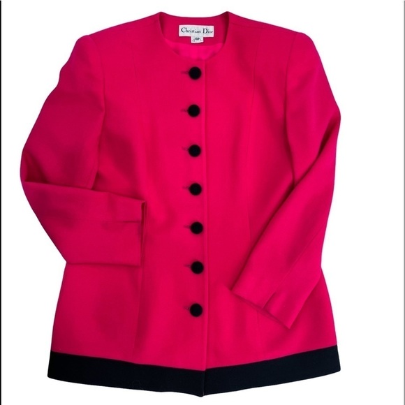 CHRISTIAN DIOR Vintage Button Down Blazer Fuschia & Black Trim Size 10P - Picture 2 of 8